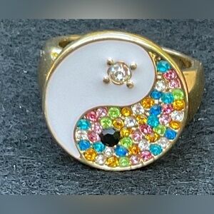 BaubleBar Yin Yang Statement Ring White Enamel Rainbow Crystal Gold Tone